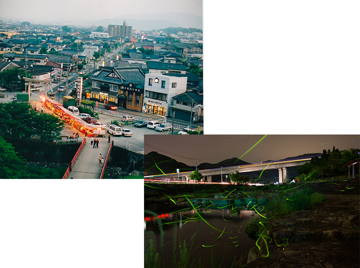 上：須賀神社上から祇園橋を望む（現在）/下：祇園川（現在）