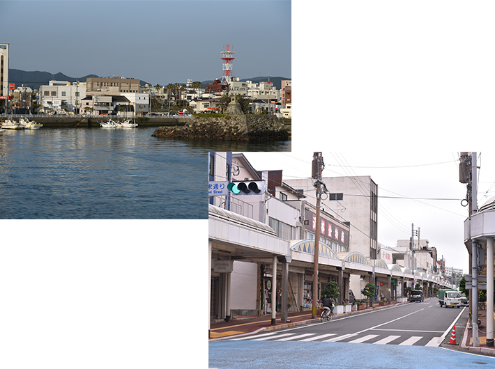 左上：海の玄関口福江港から望む市街地の風景/右下：市の中心部「本町商店街」（現在）