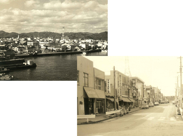 左上：海の玄関口福江港から望む市街地の風景/右下：市の中心部「本町商店街」（昔）